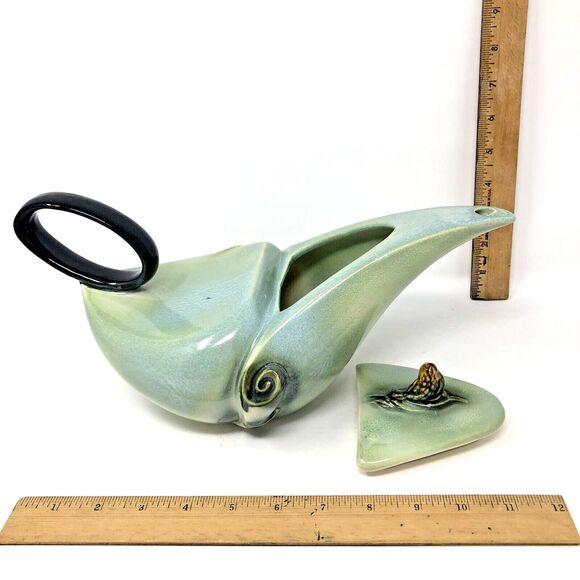 HULL Art Deco Pottery Teapot 1950's Parchment & Pine Sage Green VTG Mid Century - Picture 8 of 12